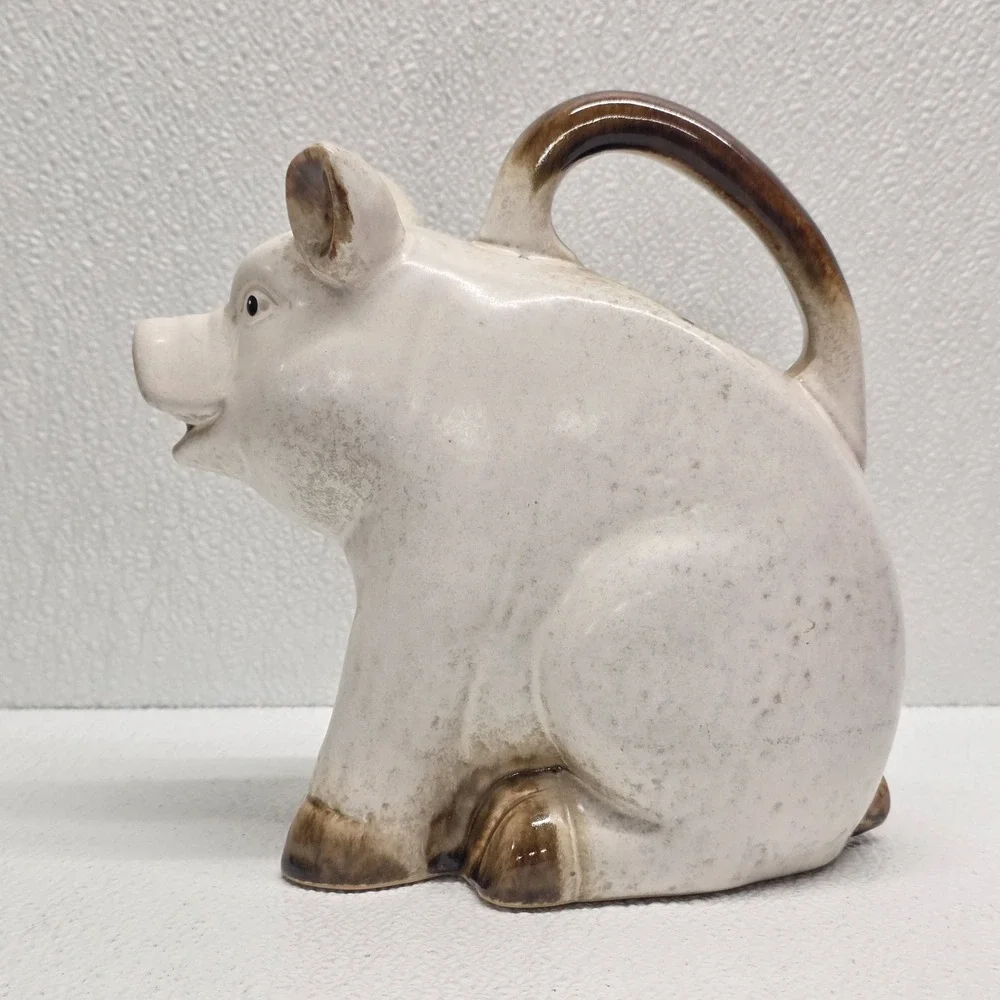 Vintage Ceramic White Pig Pitcher Watering Can Heavy Farm Stoneware
